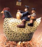 ww3010 girls riding on chicken, rooster, golden egg, eggs for sale, basket, checked, checkered, checks, bluebird, polkadots, hen, children, kids