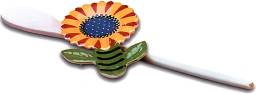 ww7008 flower spoon rest, sunflower, checked, checker, checks, dots, polkadots, ceramic, spoon, spoon rest, whimsical, primitive