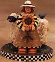 ww7507 girl with sheep holding sunflower, bluebird, sheep bonnet, stripe, checkered, check, checks, grass purple trim, purple, grass, gold smock