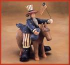 ww1326 Uncle Sam waving a flag and a money bag, riding a donkey