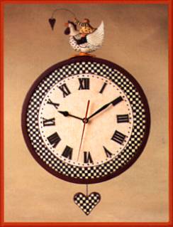 ww7016 Girl riding a rooster on top of a checkered round wall clock with a heart hanging below