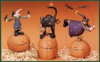 WW6012 Scarecrow on a pumpkin, WW6011 black cat on a pumpkin, WW6013 flying witch on a pumpkin