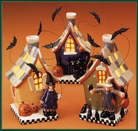WW6015 Candle holder Halloween houses with witch, scarecrow, black cat, pumpkins, crows and bats