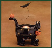 WW6016 Halloween black cat with pumpkins and a bat holds a candle