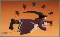 WW6022 Witch and a striped white cat fly on a broomstick under an arc of stars