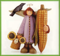 WW7656 Giant ear of corn dwarfs an angelic girl with a basket and a crow