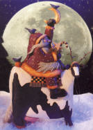 WW2260 Santa Riding a cow with antlers carrying moon and stars
