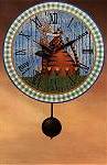 ww7118 pendulum clock, timer, time, flowers, flower, girl, check, checkered, checks,  stars, blue bird, pig tails, orange, orange cat, caricature, kitten, kitty, Americana, primitive