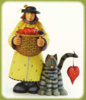 WW7658 Bonnetted gal with a basket of hearts, and a tabby cat with a heart